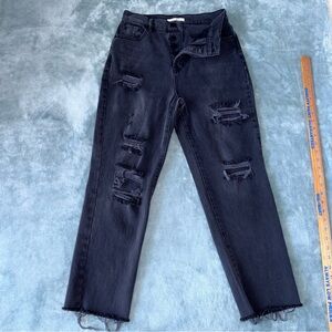 PacSun High Rise Straight Button Fly Black Distressed Raw Hem‎ Jeans Size 27